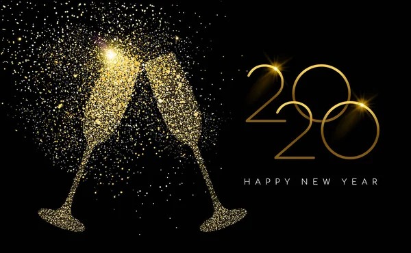 Tarjeta de brindis de champán brillo de oro de año nuevo 2020 — Vector de stock