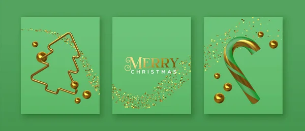 Conjunto de tarjetas verdes de Navidad decoración de fiesta de oro 3d — Vector de stock