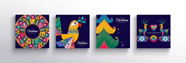 Navidad Año Nuevo colorido conjunto de tarjetas de arte nórdico — Vector de stock
