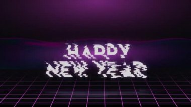 Yeni Yıl 2020 video kartı animasyonunuz kutlu olsun. Mesajlar 80 'lerin neon arka planında bozulma etkisi yaratıyor. Tatil 4k kusursuz döngü görüntüsü.