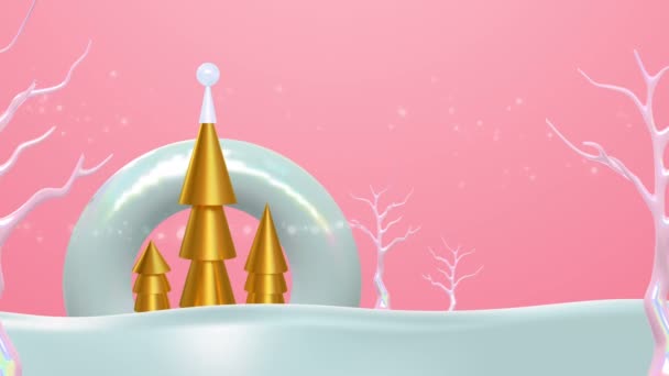 Boldog karácsonyt boldog új évet animáció elvont arany 3D-s fenyőfa, party konfetti és ünnep téli fák. Videó animált üdvözlőkártya vagy intro bemutató 4k karácsony felvételek.