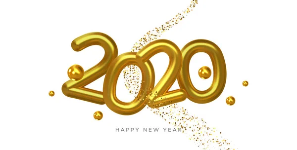 Feliz Año Nuevo 2020 oro 3d número tarjeta blanca — Vector de stock