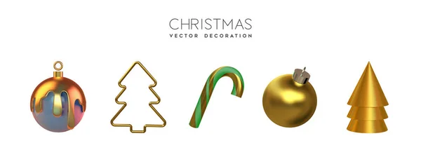 Gold christmas isolated 3d ornament set — Stock Vector