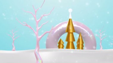 Mutlu Noeller, soyut altın 3D çam ağacı, parti ışıkları ve tatil kış ağaçlarının yeni yıl animasyonu. Kamera 4k xmas görüntülü video animasyon tebrik kartı veya giriş sunumu.