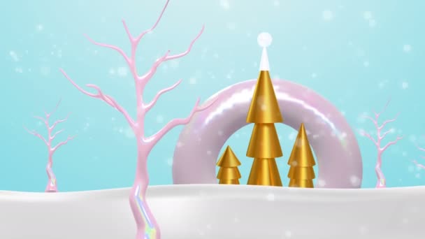 Joyeux Noël heureux nouvelle animation de l'année d'or abstrait pin 3d, lumières de fête et des arbres d'hiver de vacances. Carte de vœux animée vidéo ou présentation d'introduction avec caméra panoramique séquences de Noël 4k .