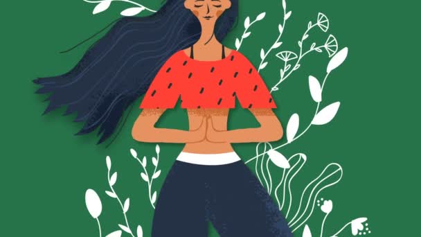 緑の植物の手で幸せな若い女性の自然接続漫画のアニメーションのコンセプトは ドアを描いたと環境に優しいテキスト引用符 4K環境ケア映像 — ストック動画