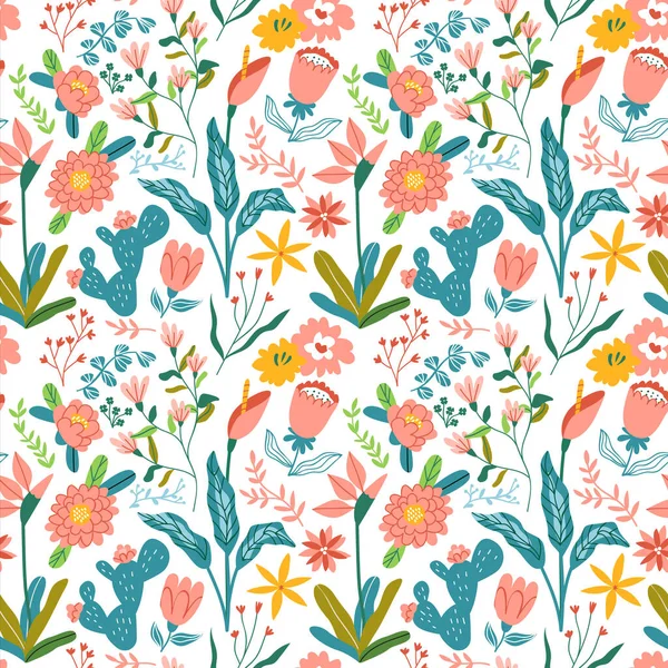 Vintage hand getrokken bloem naadloos patroon — Stockvector