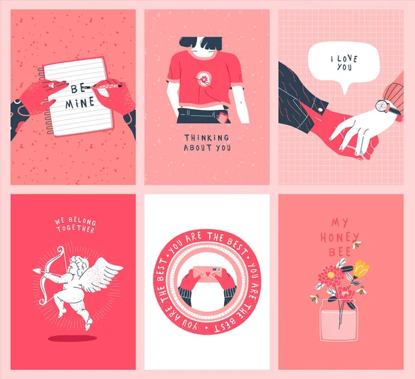 Walentynki różowy zestaw kart miłosnych kreskówki — Wektor stockowy