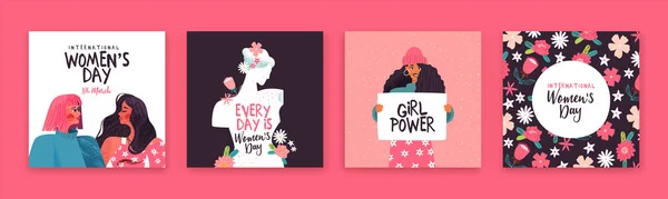 Conjunto de día de las mujeres de la tarjeta de vacaciones mujeres dibujadas a mano — Vector de stock