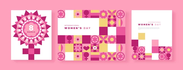 Día de la mujer rosa flor geométrico conjunto de tarjetas de mosaico — Archivo Imágenes Vectoriales
