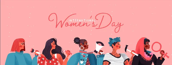 多様な女性の社会的チームの女性の日カード — ストックベクタ