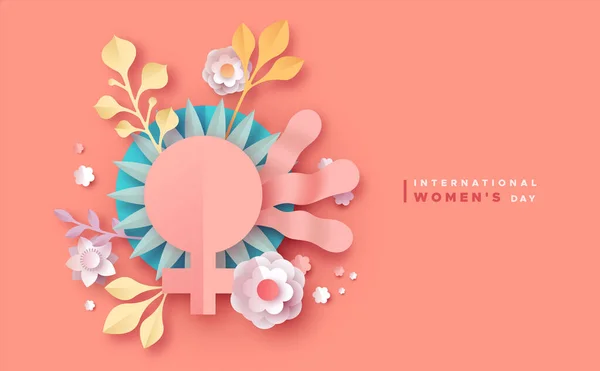 Día internacional de la mujer rosa papercut tarjeta de flores — Vector de stock