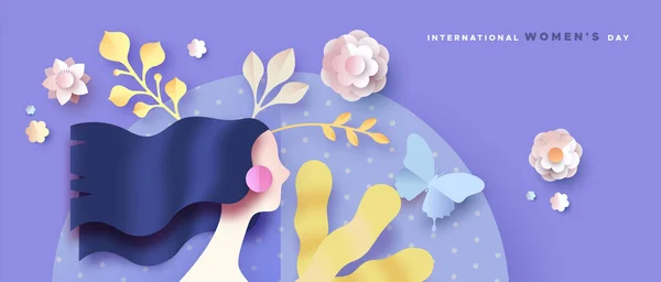 Journée des femmes papier coupe femme et fleur bannière — Image vectorielle