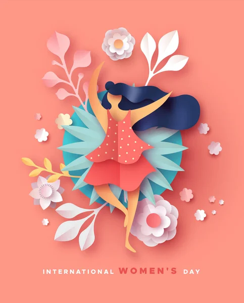 Women's day card happy papercut flower woman — Stock Vector