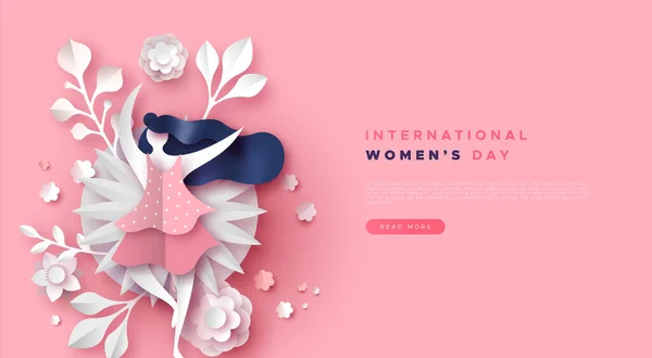 Kadınlar Günü Pembe Kağıt Kesimi Çiçekli Kız Web Şablonu — Stok Vektör