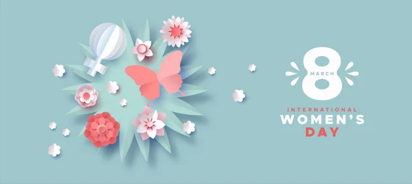 女性の日ピンクペーパークラフト春の花のバナー — ストックベクタ