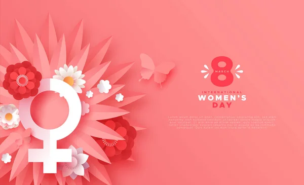 Dia da Mulher papercut rosa primavera cartão de flor —  Vetores de Stock