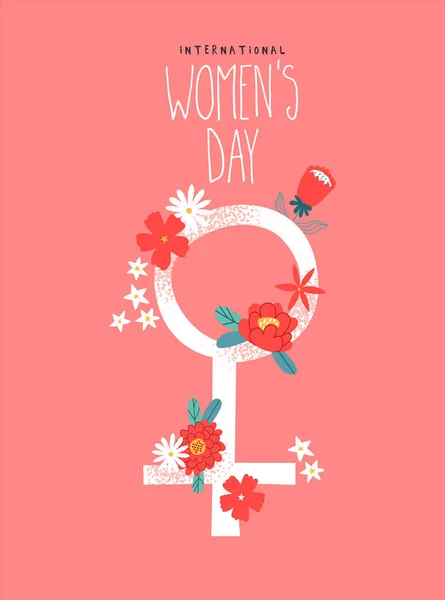 ピンクの花と女性のサインの女性の日カード — ストックベクタ