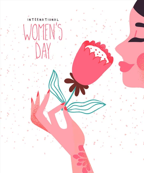 Women's day card of beautiful woman pink flower — ストックベクタ