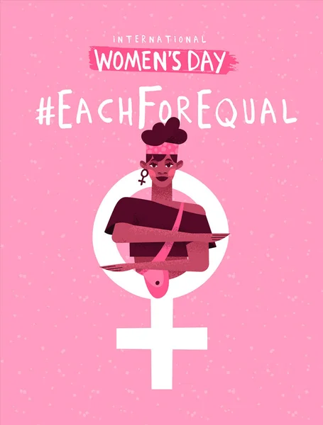 国際女性デーは 同じキャンペーンのグリーティングカードのために アフリカ系アメリカ人女性活動家の平等のジェスチャー 女性の権利の概念を手描きの漫画スタイルで — ストックベクタ