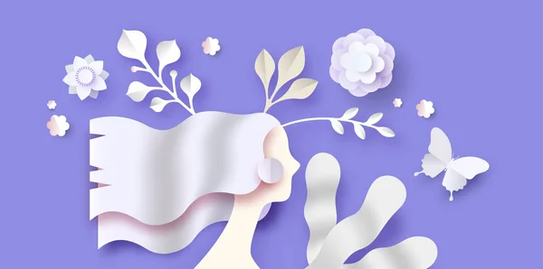 Papercut Illustration Bouquet Fleurs Avec Belle Tête Femme Sur Fond — Image vectorielle