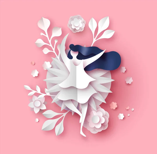 Papercut Flor Buquê Ilustração Com Bela Mulher Dançante Fundo Rosa —  Vetores de Stock