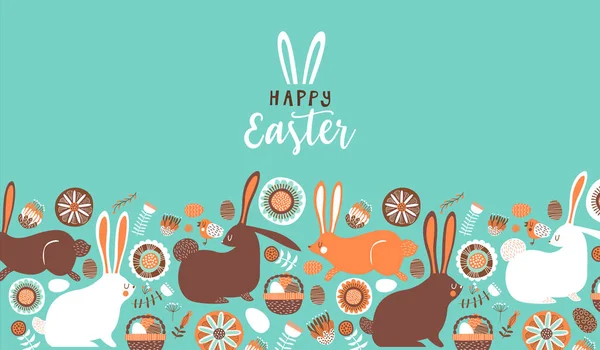 Frohe Ostern Glückwunschkarte Aus Niedlichen Hasen Bemalten Eiern Und Blumenschmuck — Stockvektor