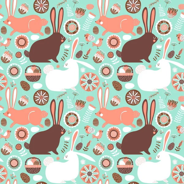 Easter rabbit seamless pattern, festive background for traditional holiday event. Cute hand drawn bunny animal doodles with floral folk decoration and painted eggs.