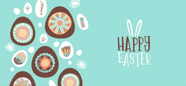 Çikolatalı Yumurtaların Paskalya Tebrik Kartı Geleneksel Bahar Çiçeği Süslemeleri Bayram — Stok Vektör
