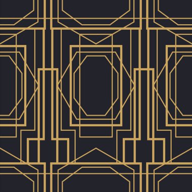 Altın sanat deco vintage desenli retro süs tasarımı. Altın ve siyah renklerde lüks ve soyut bir arka plan. Klasik Hollywood tarzı arkaplan. 