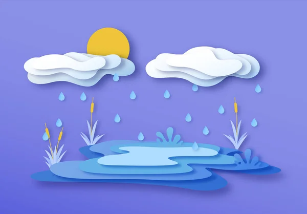 Paesaggio Lacustre Tagliato Carta Con Nuvole Pioggia Piante Paludose Sfondo — Vettoriale Stock