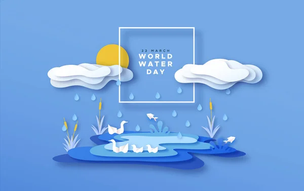 世界水の日グリーティングカードきれいな環境キャンペーンのコンセプトのための湖や雨の雲と紙カット自然景観のイラスト 紙細工の野生生物のシーンは 3D層紙のスタイルで — ストックベクタ