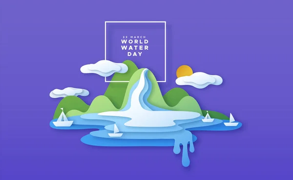 World Water Day Paper Cut Illustration Natural Beach Landscape Clouds — Archivo Imágenes Vectoriales