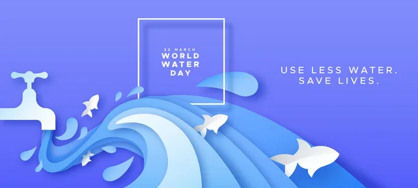 Grußkarte Zum Weltwassertag Illustration Von Papiergeschnittenem Leitungswasser Das Mit Fischen — Stockvektor