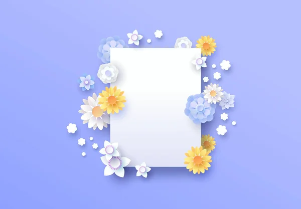 Papírově Broušená Květinová Šablona Prázdným Bílým Rámem Jarní Sezóna Koncept — Stockový vektor