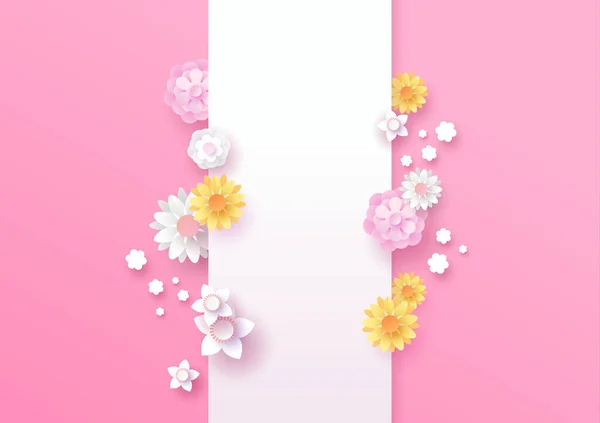 Papercut Flower Template Empty Vertical White Frame Spring Season Pink — Stock Vector