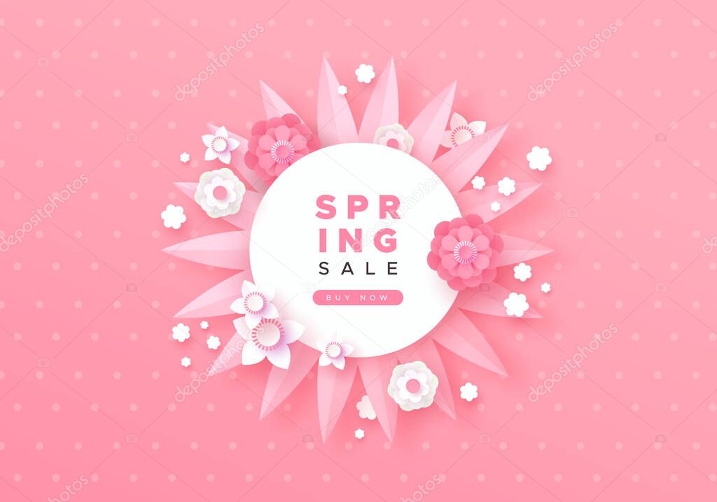 Spring sale business template with colorful papercut flowers and floral decoration in modern 3d paper style. Pink discount promotion background for seasonal offer or web store deal.