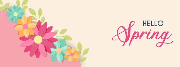 美しい手描きの花の装飾やレタリングテキスト引用のこんにちは春のWebバナーイラスト 休日のイベントや季節の背景のためのカラフルな自然デザイン — ストックベクタ