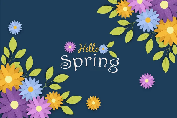 季節のテキスト引用の背景とカラフルな花の季節のイラストのこんにちは春の挨拶カード 自然の休日や春のデザインのための多様な花の装飾 — ストックベクタ