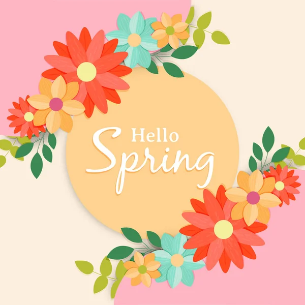 季節のテキスト引用背景とサークルフレームとカラフルな花の季節のイラストのこんにちは春のグリーティングカード 自然の休日や春のデザインのための多様な花の装飾 — ストックベクタ