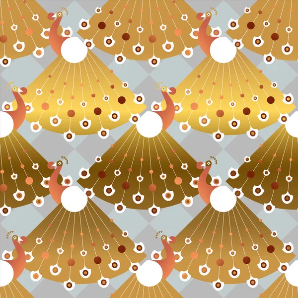 공작새는 빈티지 양식으로 바다없는 무늬를 가지고 설계나 장식을 기하학적 동물의 — 스톡 벡터