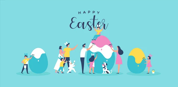 Frohe Ostern Grußkarte Illustration Von Lustigen Familienmenschen Und Hund Bemalt — Stockvektor