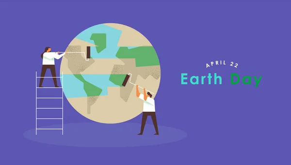 Carte Vœux Jour Terre Illustration Équipe Personnes Nettoyant Planète Ensemble — Image vectorielle