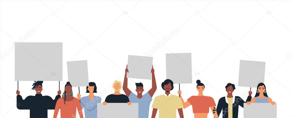 Isolated set of diverse young people generation at protest event holding picket sign on white background. Activist movement team with men and women for human rights or social issues concept.