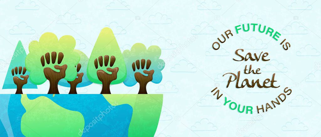 Our future is in your hands eco friendly text quote, earth day or environment help event web banner. Diverse human hand trees together for community support, social awareness concept.