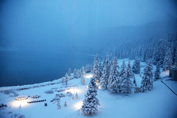 Heavy snow storm in the early morning at Lake Louise, Alberta, Canada showing snow, trees, mountains and lake