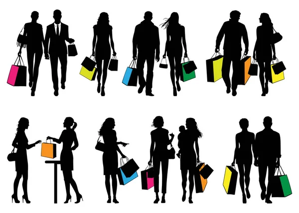 Several people in shopping center - vector silhouettes — Stock Vector