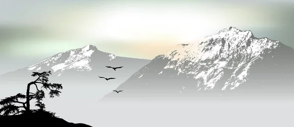 Vista de la montaña con aves voladoras durante el amanecer — Vector de stock