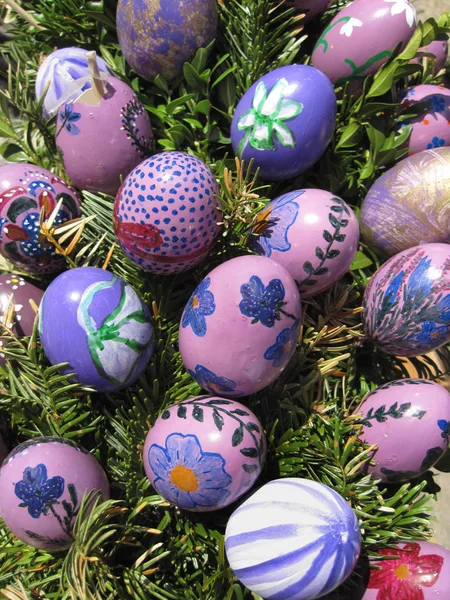 Easter Background. Easter Eggs decorated by children in the kind — Stock Photo, Image