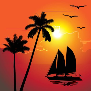 Tropikal bir akşam. Palmiye ağaçları ve tekne ile günbatımı